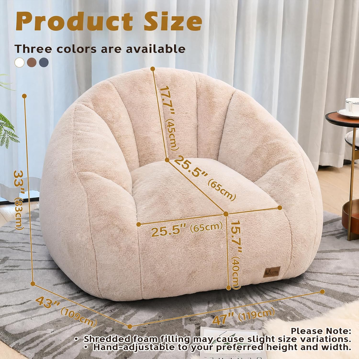 Giant Bean Bag Chair for Adults, Teens and Kids, Cozy Fluffy Corduroy Beanbag Chair with Filler, Large Floor Lounge Sofa for Living Room, Bedroom, Dorm, Gaming and Reading(Khaki)