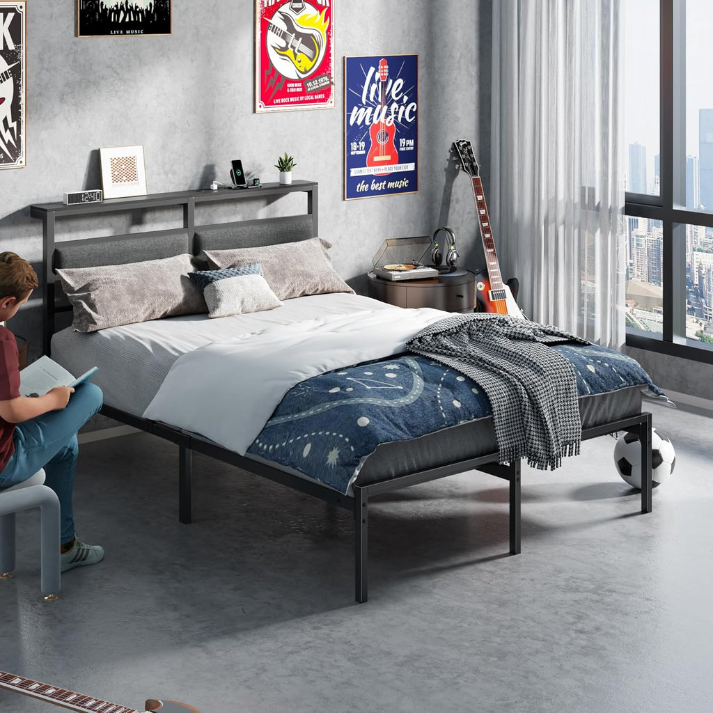 OURPIC Full Size Bed Frame with Headboard, Bed Frame Full Size with LED Light and Charging Station, Black Metal Platform Bedframe and Storage Shelf, No Box Spring Needed, Noise Free