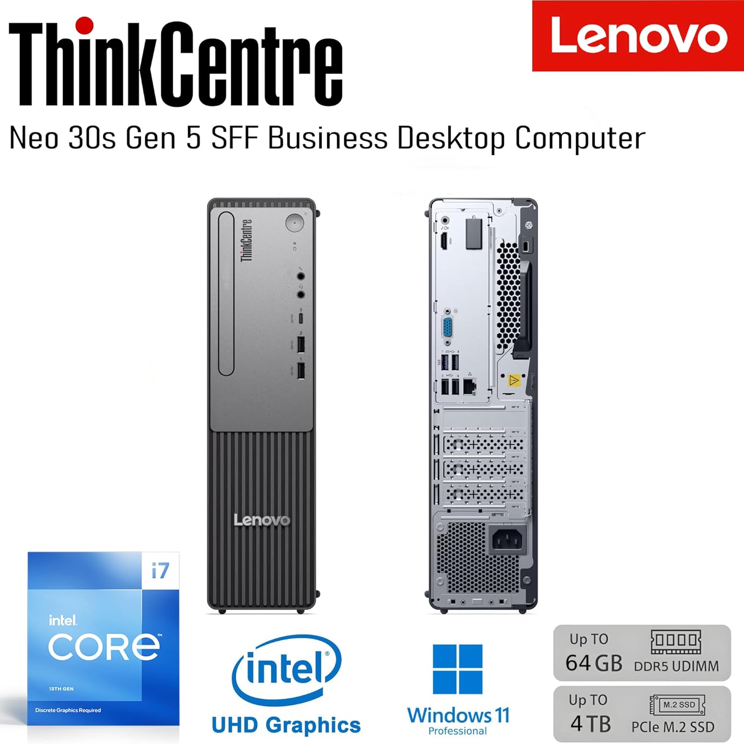 Lenovo ThinkCentre Neo 30s Gen 5 SFF Business Desktop Computer, Latest 13th Gen Intel Core i7 CPU, 16GB DDR5, 512GB PCIe SSD, USB-C, HDMI, VGA, RJ-45, Wi-Fi, Wired Keyboard & Mouse, Windows 11 Pro