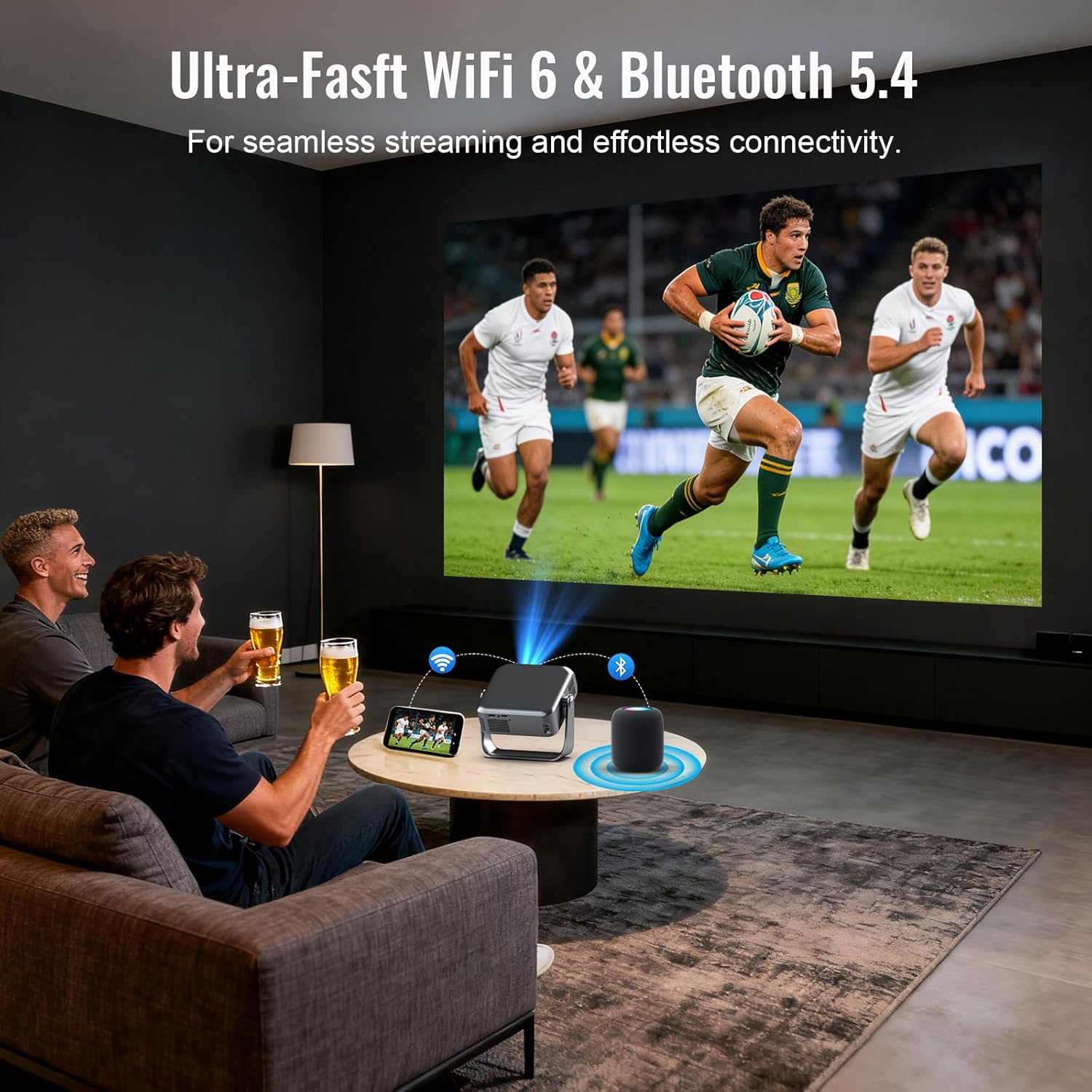 Smart Outdoor Projector with WiFi and Bluetooth, Officially-Licensed Apps, 4K Support Portable Movie Projector, Electric Focus & Auto Keystone, 210° Rotatable Stand, Mini Proyector for Home Theater