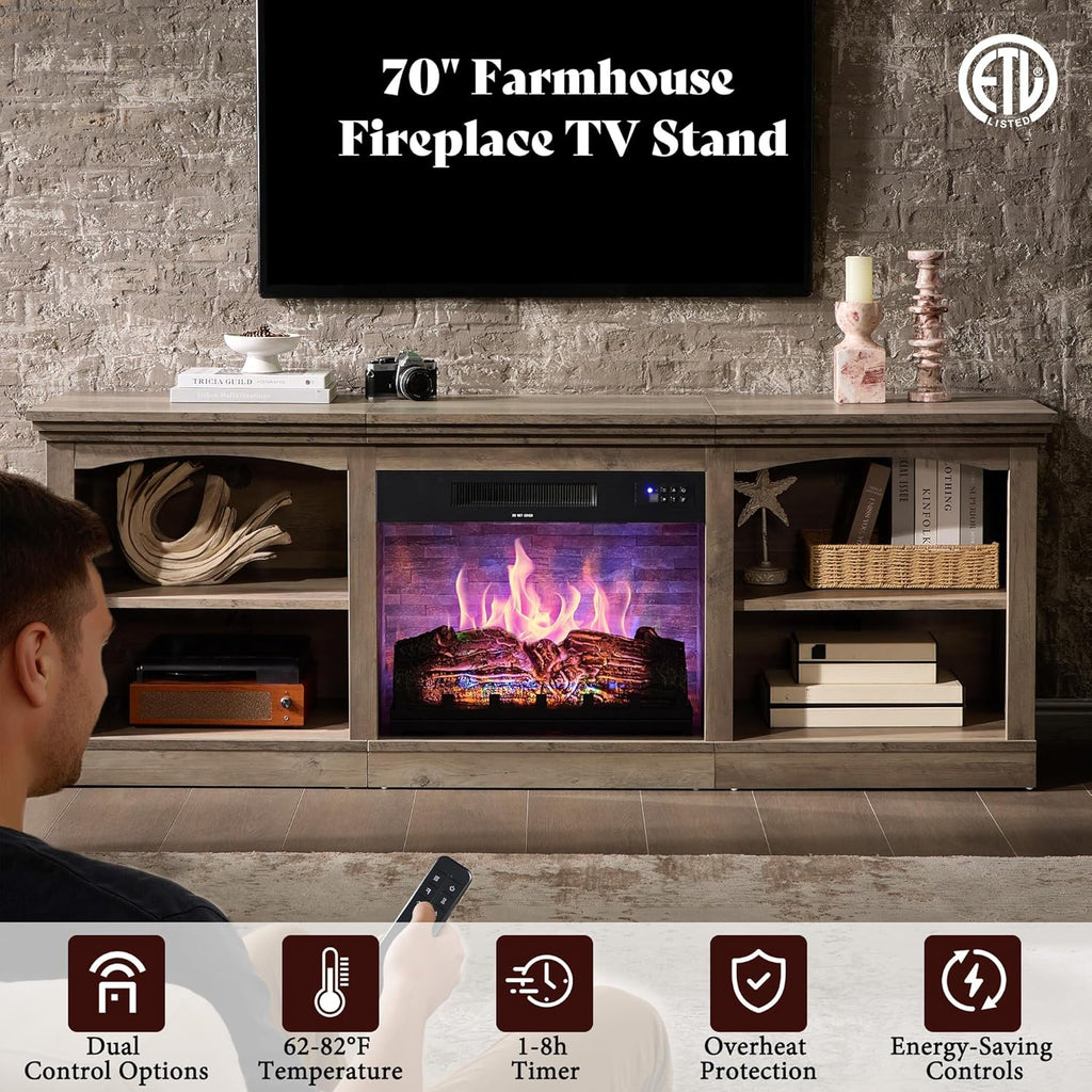AMERLIFE 70" Farmhouse Fireplace TV Stand for TVs up to 80", Entertainment Center with 23" Fireplace, Open Shelves, One-Box Delivery, Media Console Table for Living Room, Rustic Grey