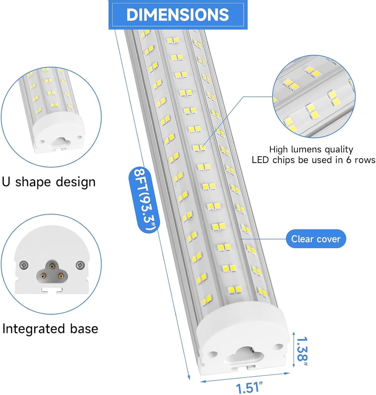 8FT U Shape 125W Integrated LED Tube Light, 6500K Clear White, 20000LM Super Bright, Flush Mount/Hanging, Linkable Shop Lights for Garage Workshop, Plug&Play, 8 Pack