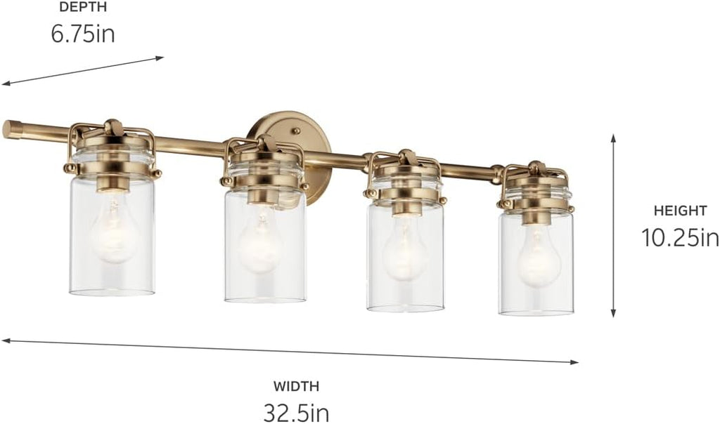 Kichler Brinley 4-Light Bathroom Vanity Light Fixture with Clear Glass in Champagne Bronze, Industrial Farmhouse Style for Mirror Lighting (32.5" x 10.25" x 6.75"), 45690CPZ