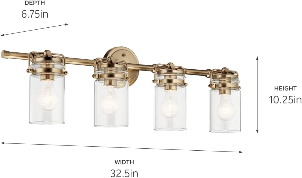 Kichler Brinley 4-Light Bathroom Vanity Light Fixture with Clear Glass in Champagne Bronze, Industrial Farmhouse Style for Mirror Lighting (32.5" x 10.25" x 6.75"), 45690CPZ