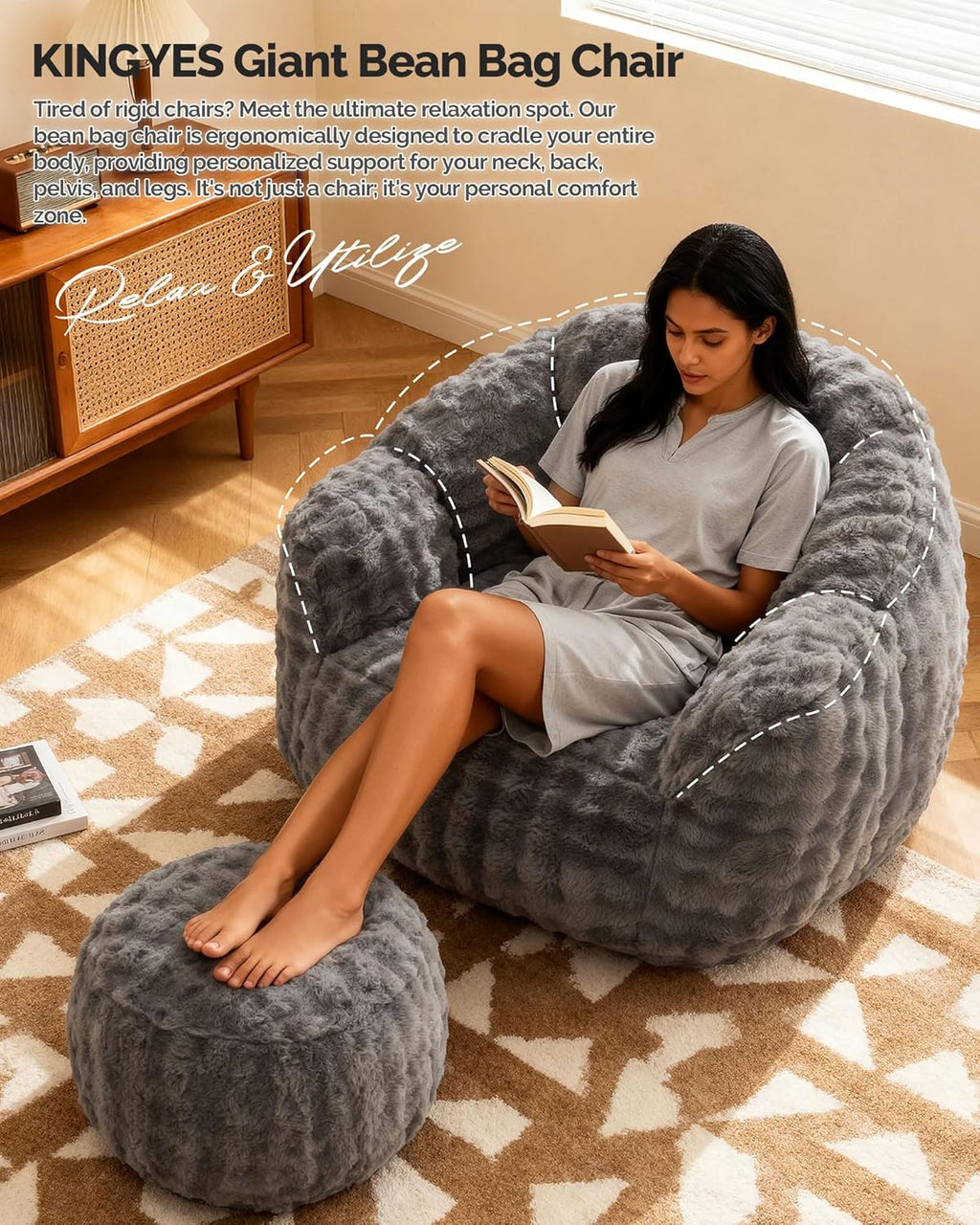 KINGYES Bean Bag Chair, Giant Bean Bag Couch with Memory Foam Filled, Gaming Beanbag Chair for Adults, Bean Bag for Kids & Teen, Light Gray