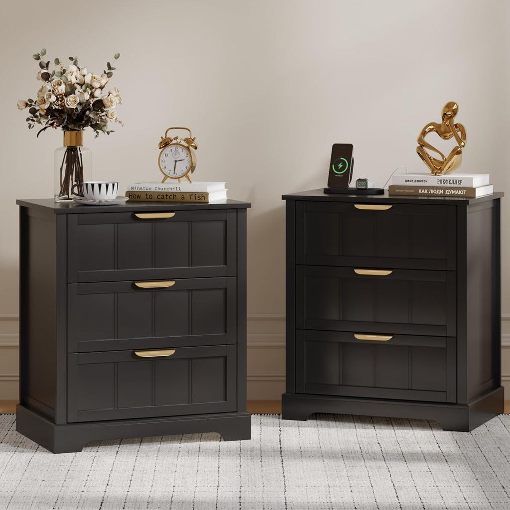 ChooChoo 27" Black Nightstand Set of 2, 3 Drawer Night Stand with Charging Station, Larger Bedside Table with USB-C Port, Modern End Table with Storage for Bedroom