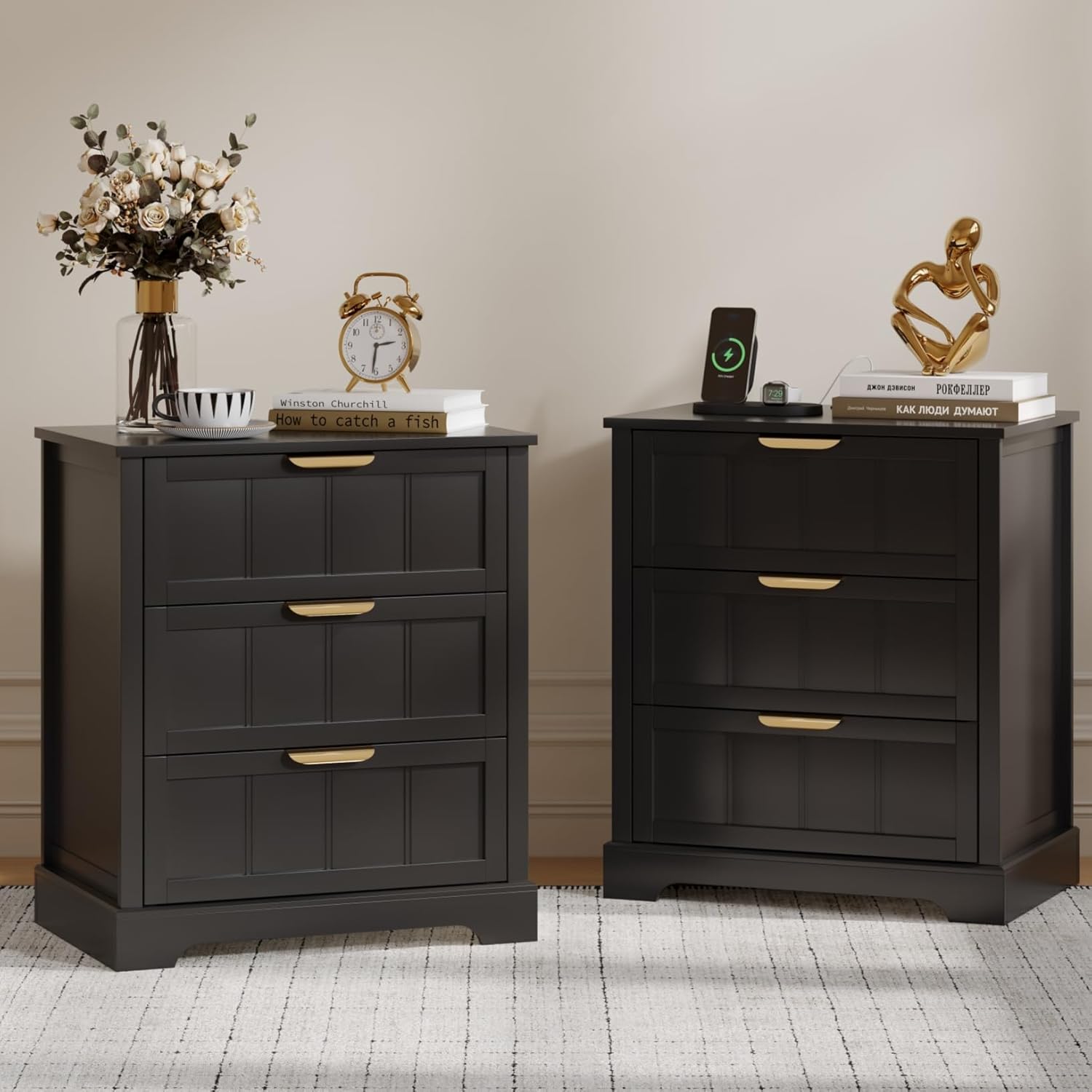 ChooChoo 27" Black Nightstand Set of 2, 3 Drawer Night Stand with Charging Station, Larger Bedside Table with USB-C Port, Modern End Table with Storage for Bedroom
