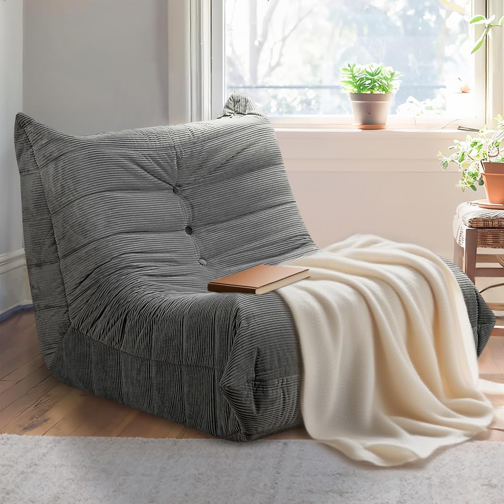 Bean Bag Chairs for Adults, Memory Foam Couch Sofa Chair,One-piece Foam Padding,Cozy Corduroy Material Bean Bag Chair,Bean Bag Sofa for Reading in Bedroom Living Room and Dorms,Gray