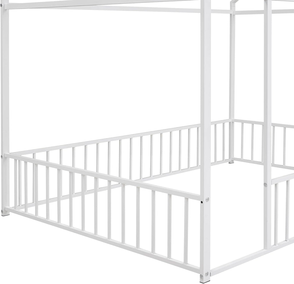 Bellemave Full Size House Floor Montessori Bedframe with Rails and roof, Metal House Bed for Kids, Montessori Floor Beds for Kids White