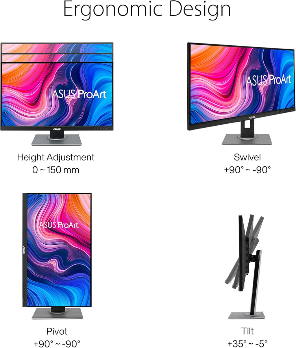 ASUS ProArt Display PA278QV 27” WQHD (2560 x 1440) Monitor, 100% sRGB/Rec. 709 ΔE < 2, IPS, DisplayPort HDMI DVI-D Mini DP, Calman Verified, Eye Care, Anti-Glare, Tilt Pivot Swivel Height Adjustable