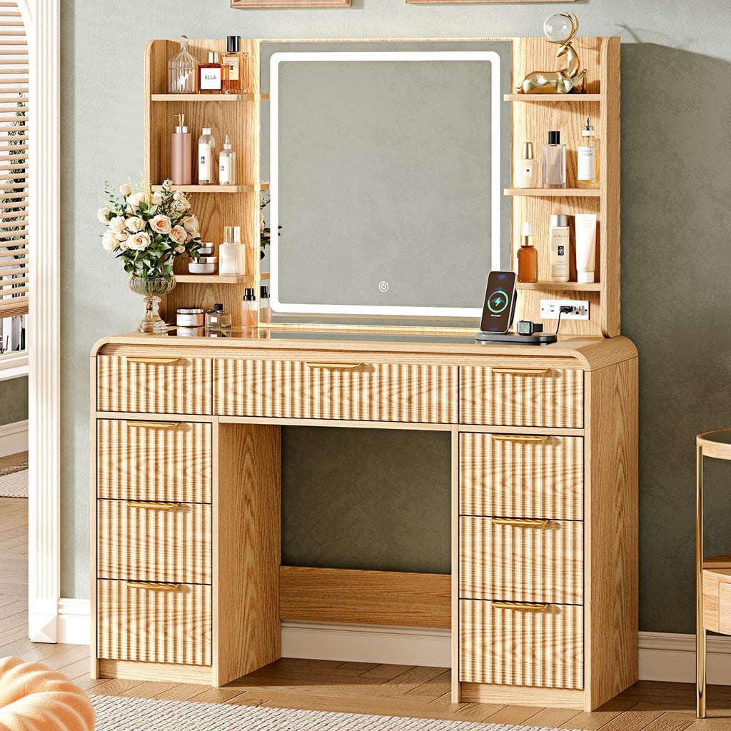 43" Makeup Vanity Desk with Mirror and Lights&Power Outl, 3 Adjustable Light Color,Glass Top Big Vanity Table with 9 Drawers & 6 Shelves,Girls Vanity for Bedroom, Oak
