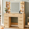 43" Makeup Vanity Desk with Mirror and Lights&Power Outl, 3 Adjustable Light Color,Glass Top Big Vanity Table with 9 Drawers & 6 Shelves,Girls Vanity for Bedroom, Oak