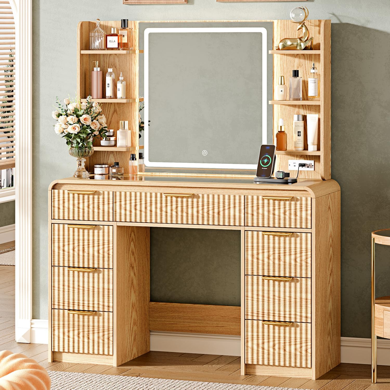 43" Makeup Vanity Desk with Mirror and Lights&Power Outl, 3 Adjustable Light Color,Glass Top Big Vanity Table with 9 Drawers & 6 Shelves,Girls Vanity for Bedroom, Oak