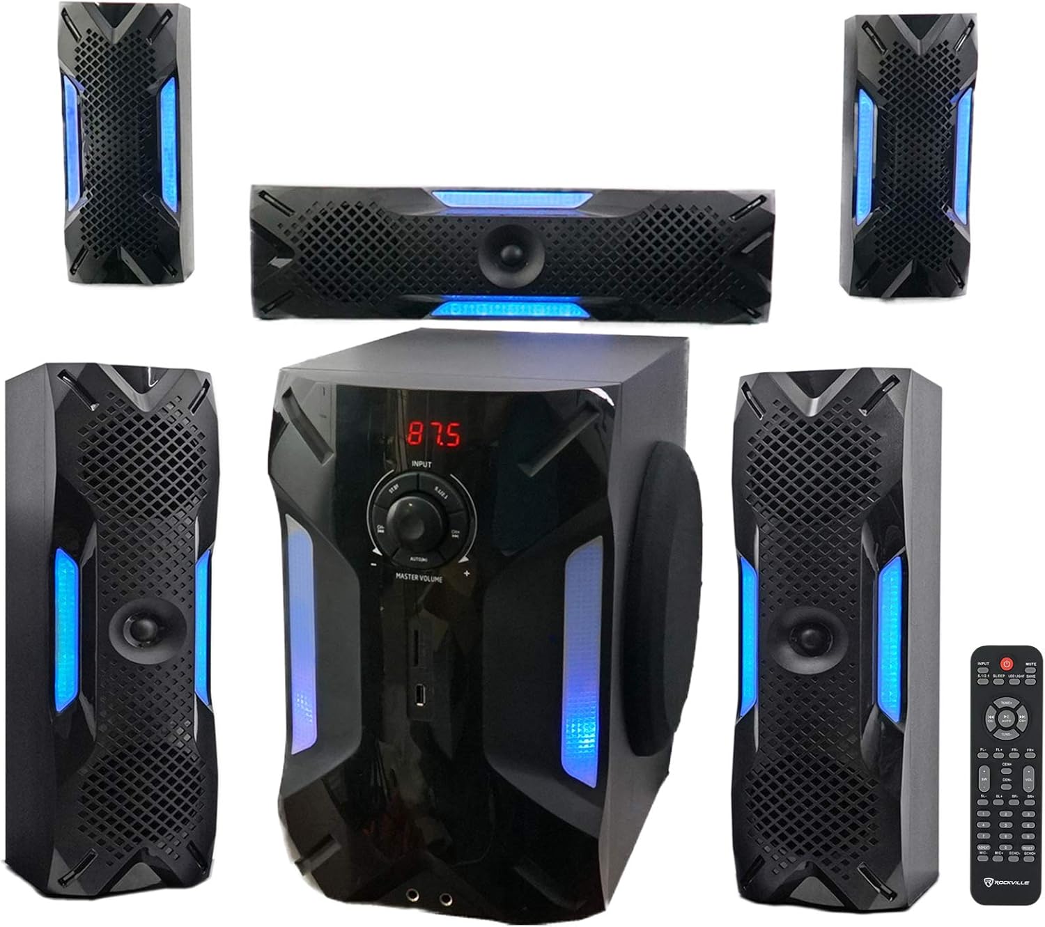 Rockville HTS56 Bundle: 1000-Watt 5.1 Channel Bluetooth Home Theater Audio System, 8" Subwoofer, RKI60 Dual UHF 8-Channel Wireless Microphone Karaoke Interface and Mixer, 2-Items