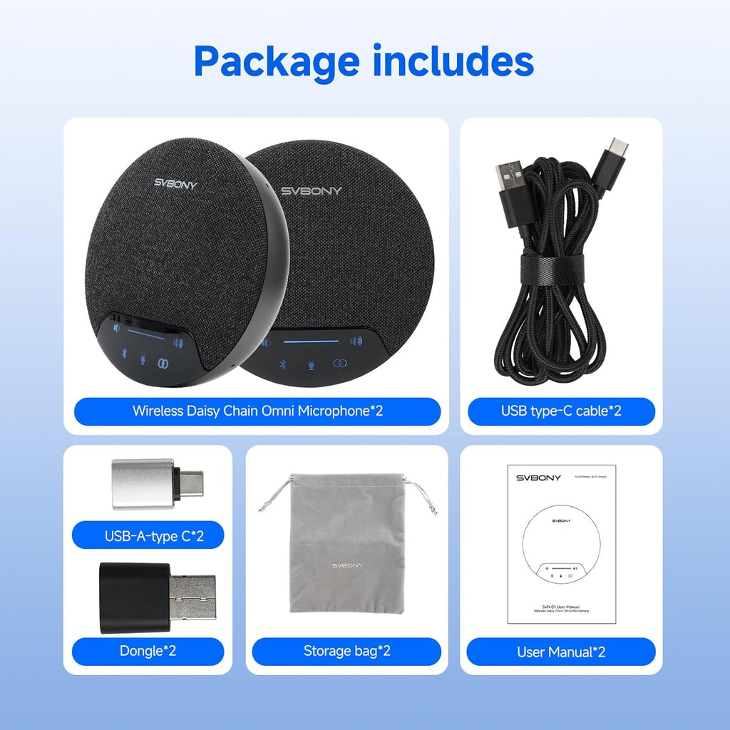 SVBONY SVN O1 Dual Conference Speaker and Microphone, Wireless Cascading 33FT for 30People Conference Room, 3A+AI Noise Cancelling, 8Mics with 360°Voice Pickup, UHF-Stabilized Link
