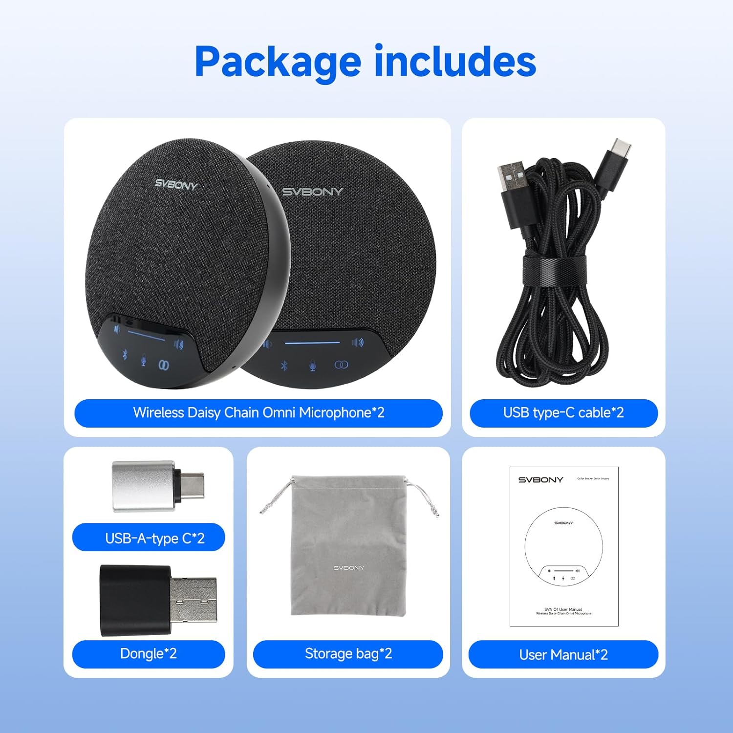 SVBONY SVN O1 Dual Conference Speaker and Microphone, Wireless Cascading 33FT for 30People Conference Room, 3A+AI Noise Cancelling, 8Mics with 360°Voice Pickup, UHF-Stabilized Link
