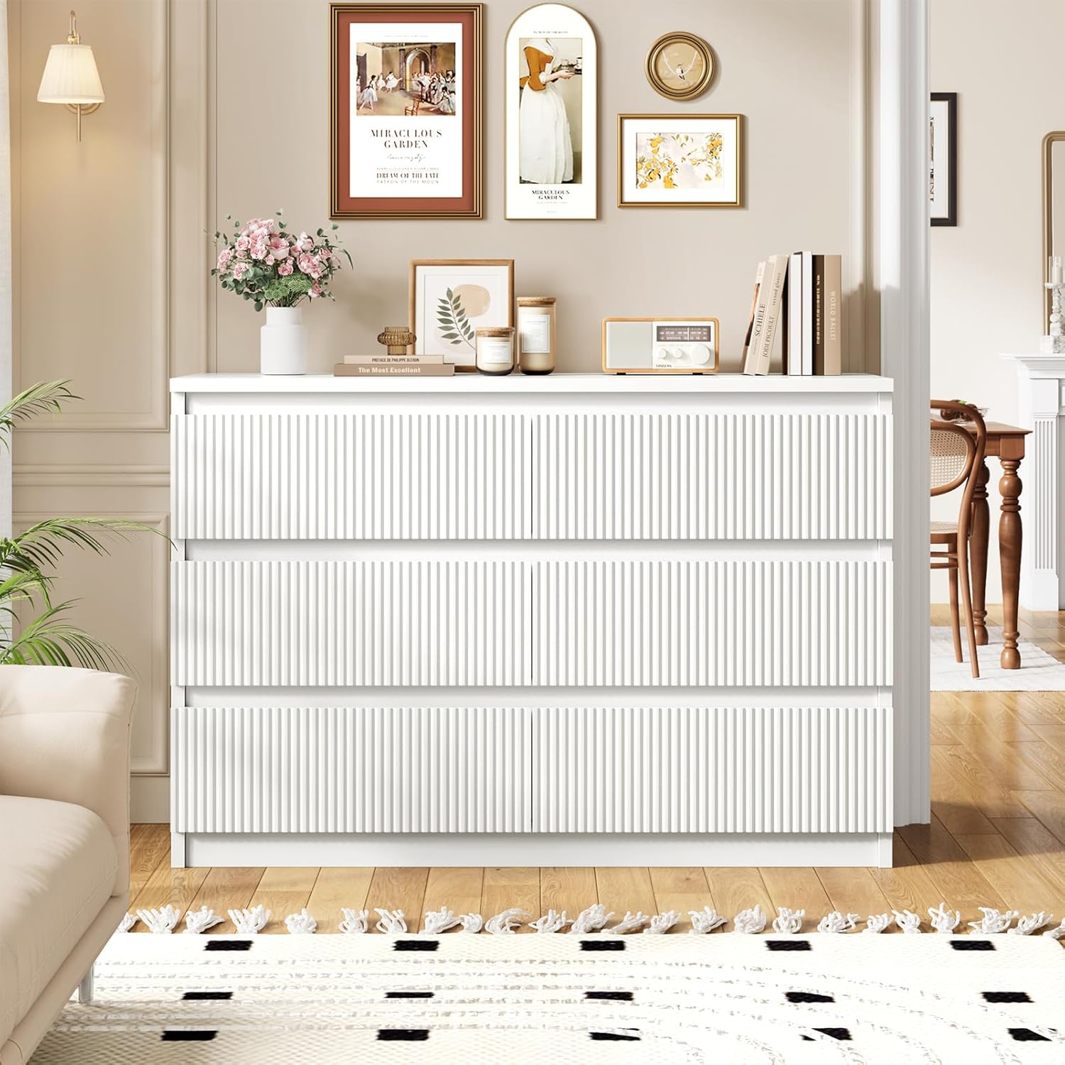 Jocoevol 6 Drawer Dresser, Fluted Dresser for Bedroom with Sleek Hidden Handles, Bedroom Dressers with Drawers, Wood Closet Clothes Storage Organizer for Bedroom, Pure White