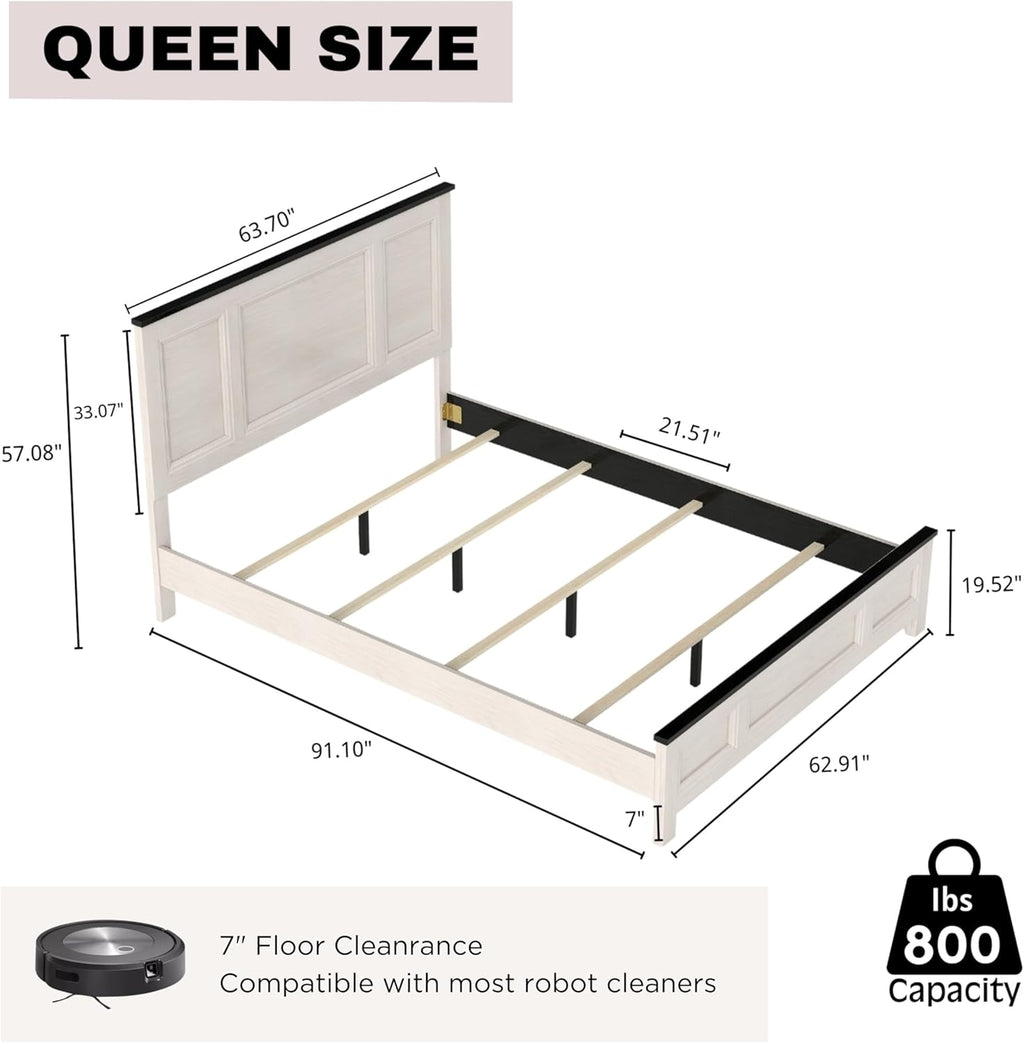 Roundhill Furniture Realynn 3-Piece Wood Bedroom Set, Queen Size Panel Bed with 2 Nightstands, Off-White Finish