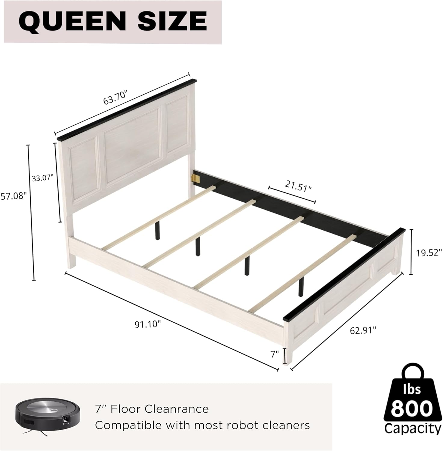 Roundhill Furniture Realynn 3-Piece Wood Bedroom Set, Queen Size Panel Bed with 2 Nightstands, Off-White Finish