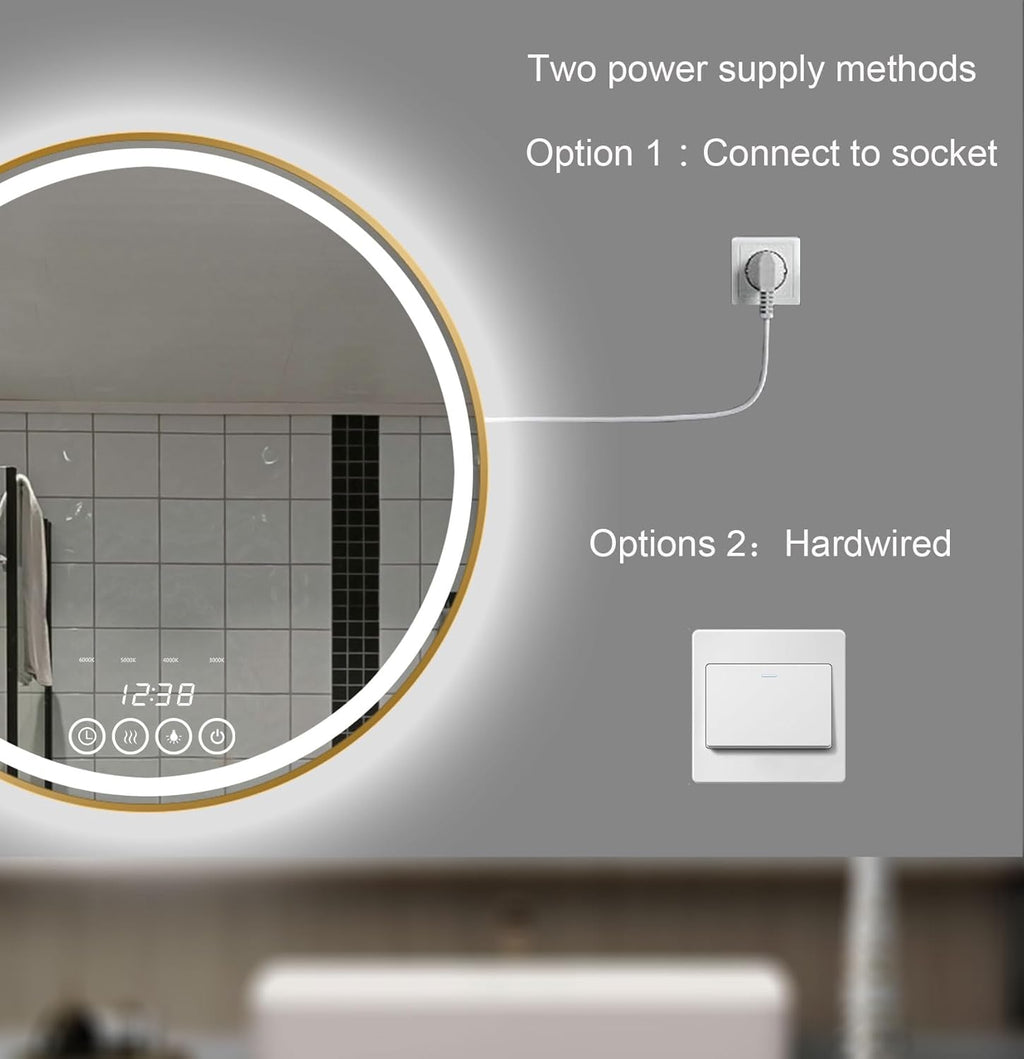 Round LED Bathroom Mirror with Lights, 28x28 Inch Gold Wall Mounted Frame Lighted Vanity Mirrors