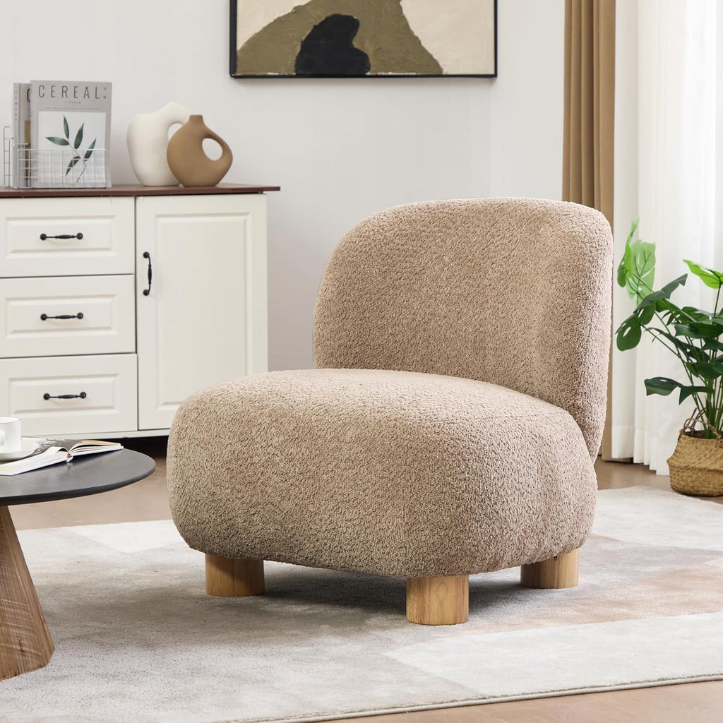Christopher Knight Home Modern Low Profile Accent Chair for Living Room, Boucle Upholstered Armless Chair with Rubberwood Legs, Comfy Lounge Armchair, Plush Cloud-Like Seating for Bedroom, Light Brown