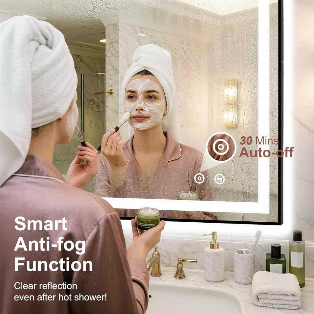 LED Bathroom Mirror with Lights, Black Framed Lighted Vanity Mirror, Front & Backlit, 55"x30", Anti-Fog, Dimmable 3 Color Temperature, Memory, Shatterproof Tempered Glass