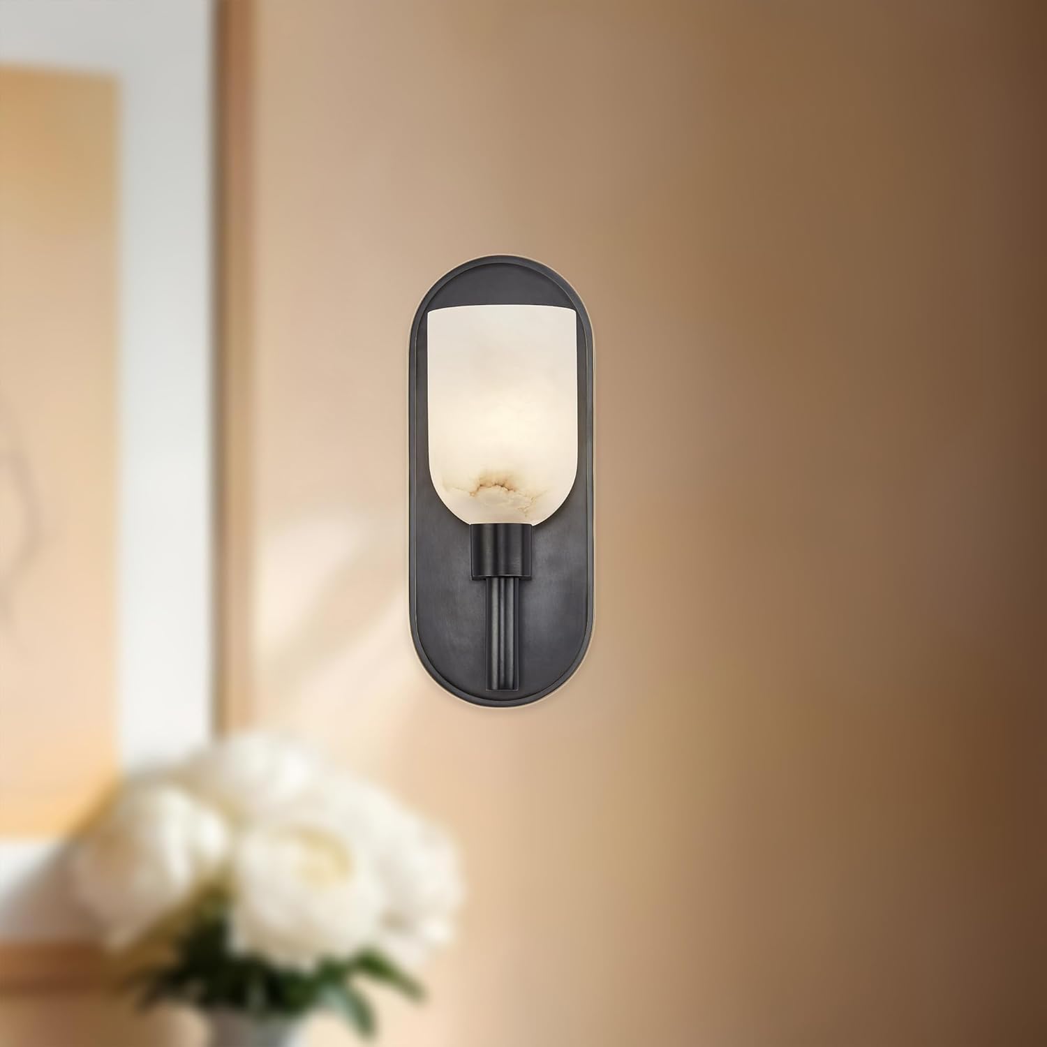 Alora Lighting Transitional 1-Light Wall/Vanity Sconce, 9 inch, Urban Bronze/Alabaster, Metal & Glass | Ideal for Bathrooms, Entryways & Hallways Lucian SKU WV338101UBAR