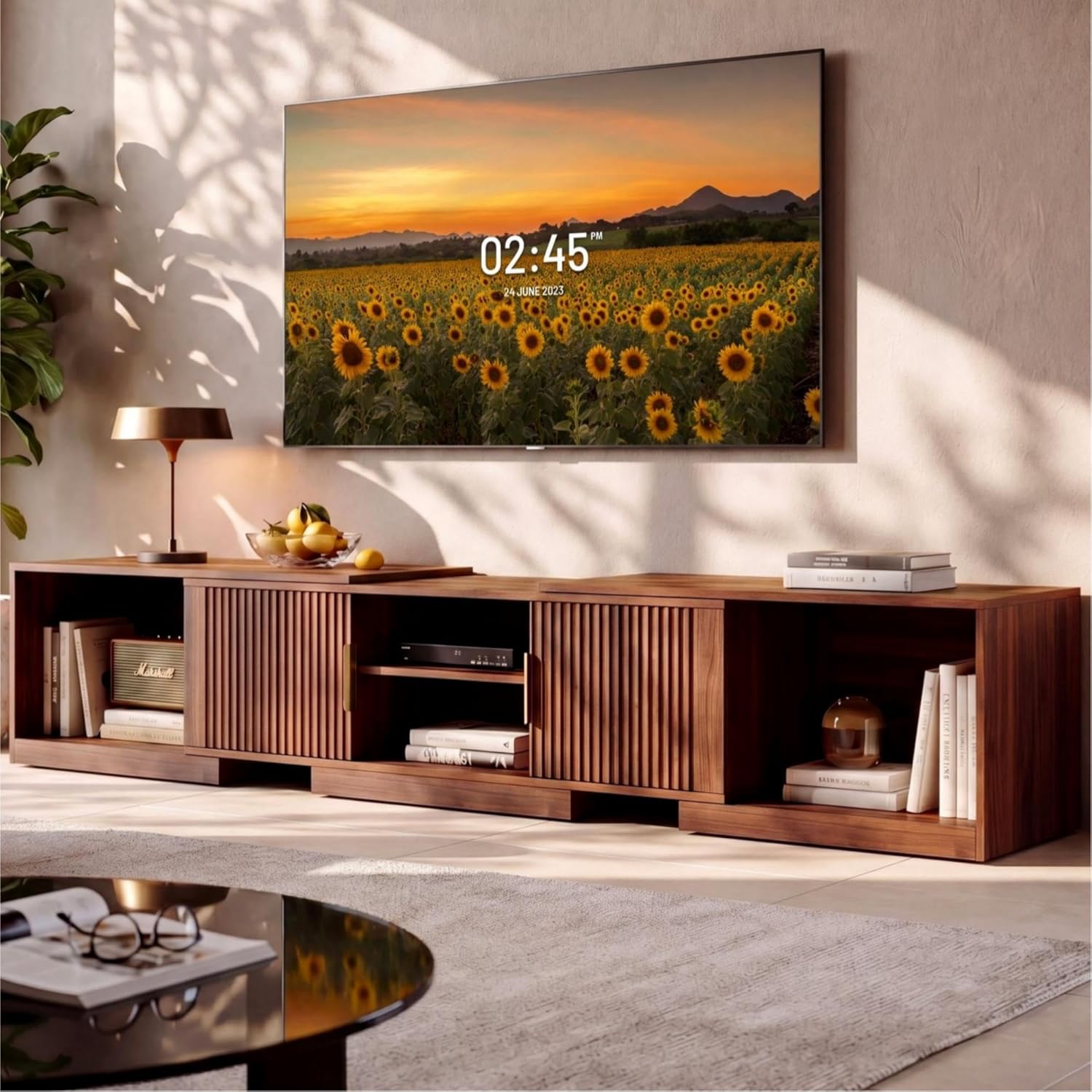 IRONCK TV Stand for 55-80 Inches TVs, 63"-84.6" Adjustable Length, Extendable Corner Entertainment Center with Storage Cabinets, Fluted Doors Modern Media Console, Ideal for Living Room, Walnut