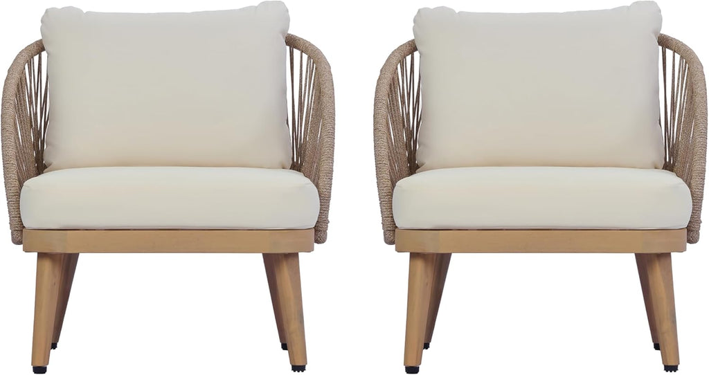 Christopher Knight Home Lydia Set of 2 Boho Patio Furniture Acacia Wood Club Chairs, Outdoor Lounge Chairs, Modern Tub Accent Chairs/Arm Chairs with Rope Woven and Removable Cushions, Natural+Beige