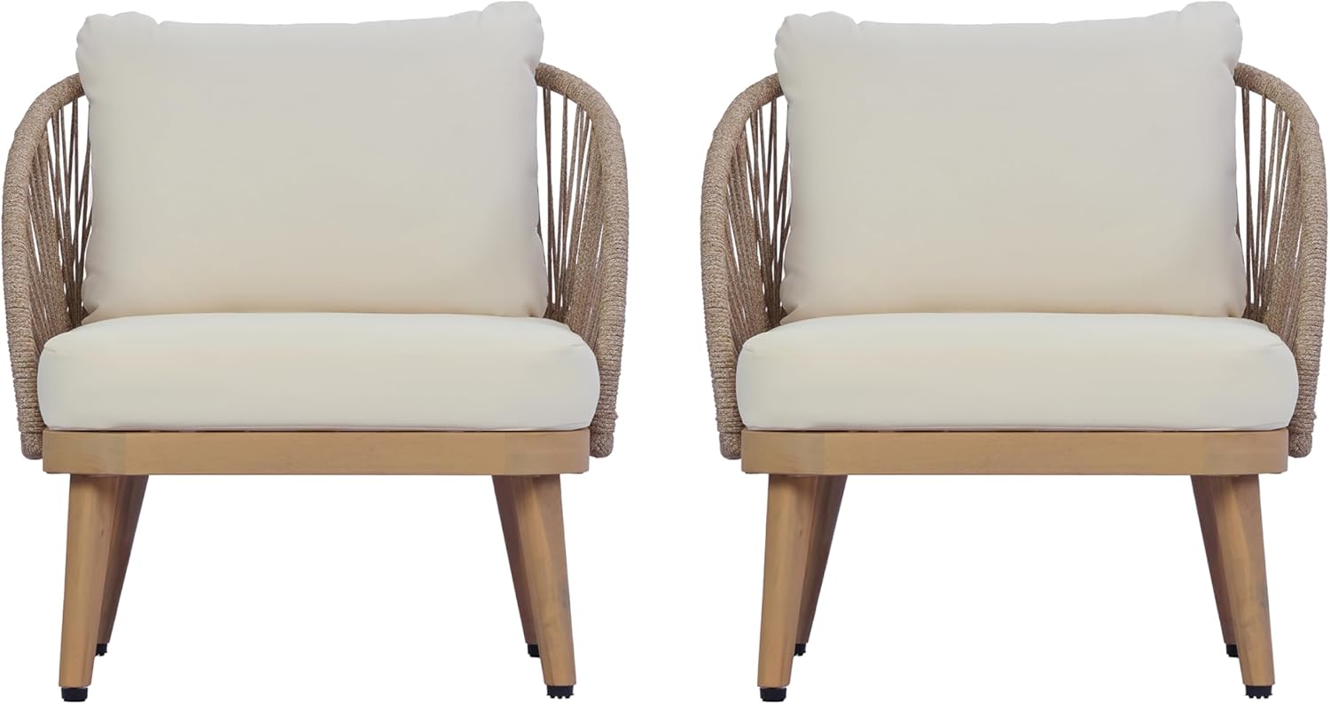 Christopher Knight Home Lydia Set of 2 Boho Patio Furniture Acacia Wood Club Chairs, Outdoor Lounge Chairs, Modern Tub Accent Chairs/Arm Chairs with Rope Woven and Removable Cushions, Natural+Beige