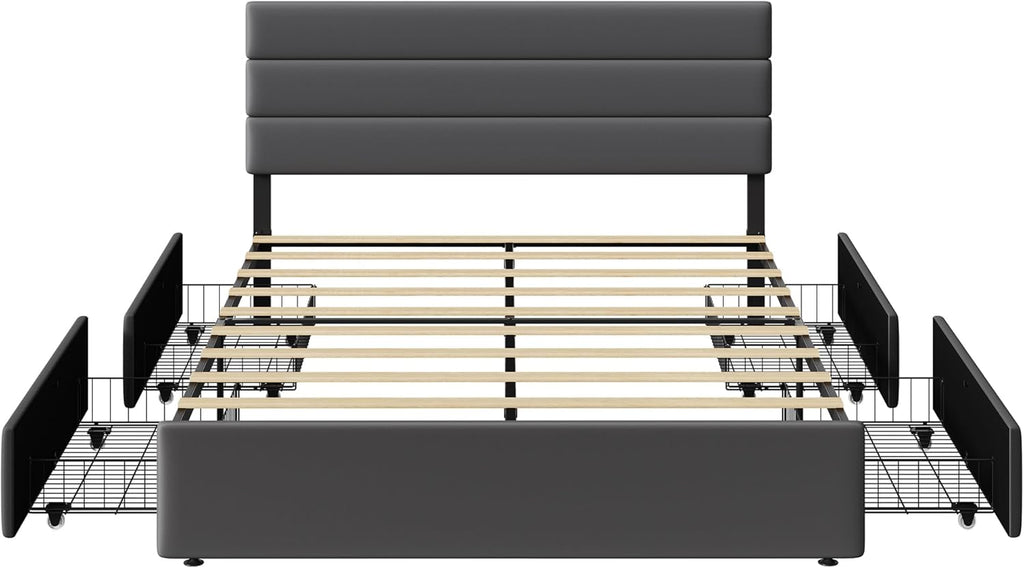 WLIVE Queen Size Upholstered Bed Frame with 4 Storage Drawers and Headboard, Velvet Platform Bedframe, Sturdy Metal & Wooden Slats Support, No Box Spring Needed, Easy Assembly, Dark Grey