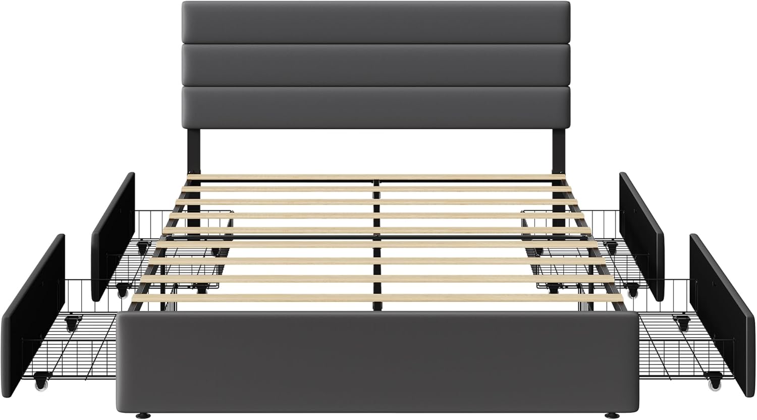 WLIVE Queen Size Upholstered Bed Frame with 4 Storage Drawers and Headboard, Velvet Platform Bedframe, Sturdy Metal & Wooden Slats Support, No Box Spring Needed, Easy Assembly, Dark Grey