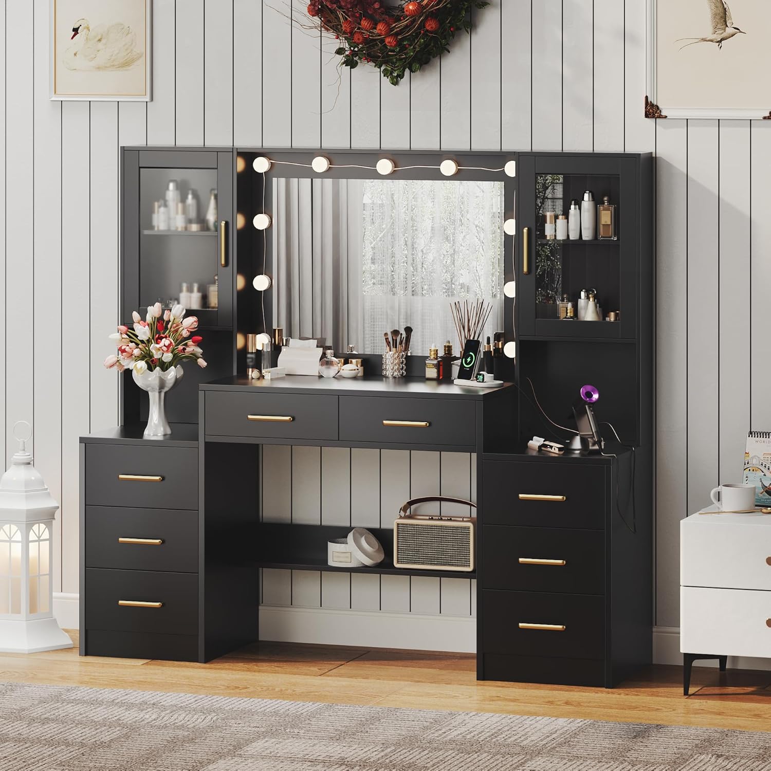 TOKSOM Black Vanity Desk with Mirror, Lights & Charging Station, 58.3" 3 Lighting Modes Makeup Desk with 8 Drawers, 2 Cabinets and Lots Storage, Dressing Table Vanity Set with Lighted Mirror