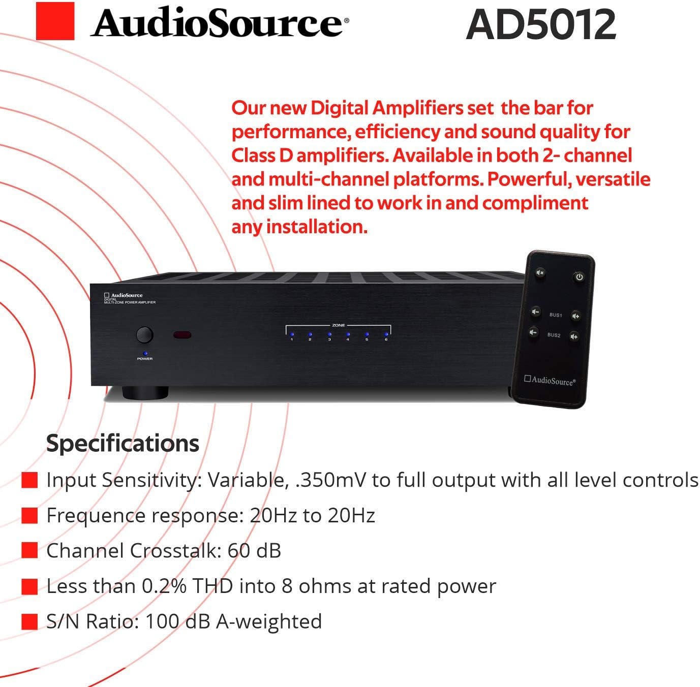 AudioSource Digital Amplifier, 12 Channel Stereo Versatility D Amplifier AD5012 for Home Sound Systems