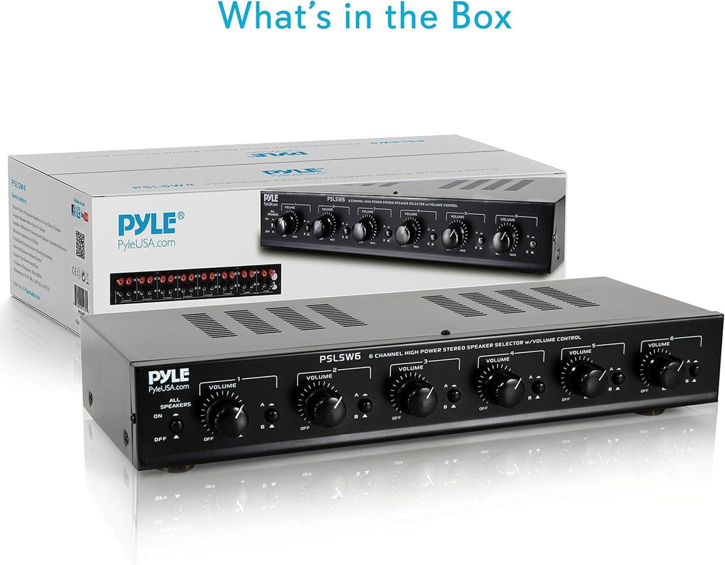 Pyle 6 Channel Speaker Selector Switch - Multi Zone A B Speaker Distribution Controller Box w/ Independent Audio Source Volume Control, Supports Home Theater Stereo Receiver System - Pyle PSLSW6