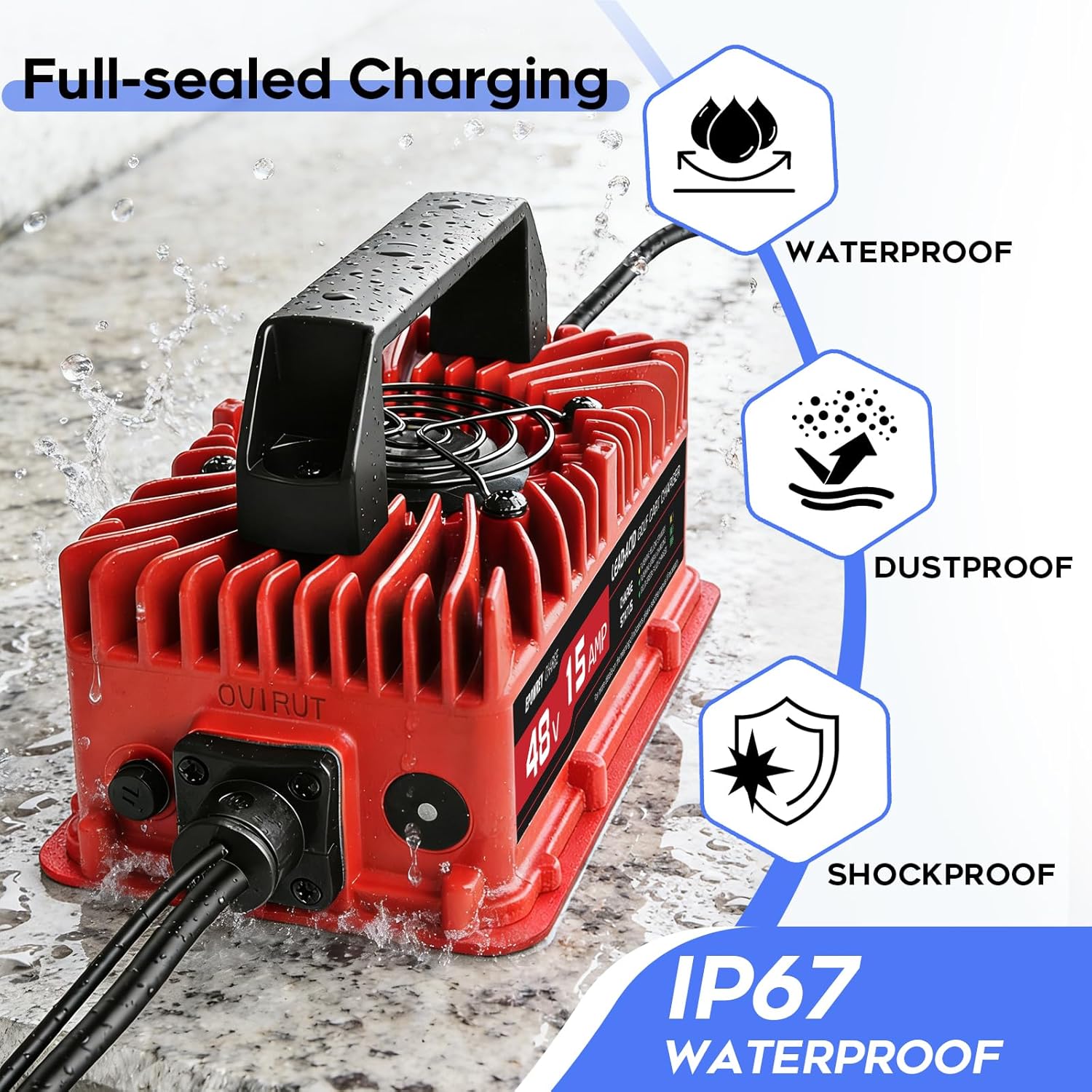 EPOWREY 15 AMP 48 Volt Golf Carts Battery Charger for Club Car 3-Pin Round Plug,for Lead Acid Battery
