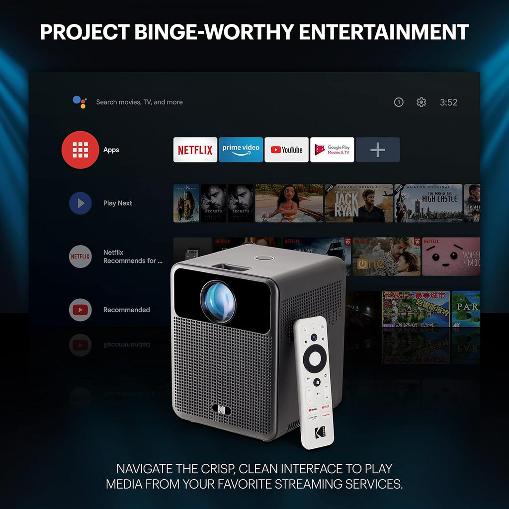 KODAK FLIK HD10 Smart Projector - 1080p Full HD, 200 ANSI Lumens, Dual 5W Speakers - Streams Netflix & YouTube for Smart TV - Google Assistant Remote for Android TV Control - iOS & Android