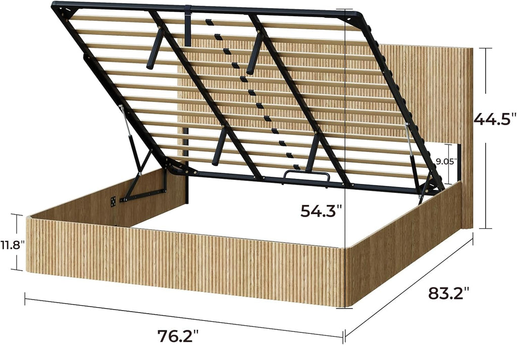 Evermagin Natural King Lift Up Storage Bed Frame, Mid Century Modern Fluted Bed Frame, Wood Hydraulic King Size Bedframe with Headboard