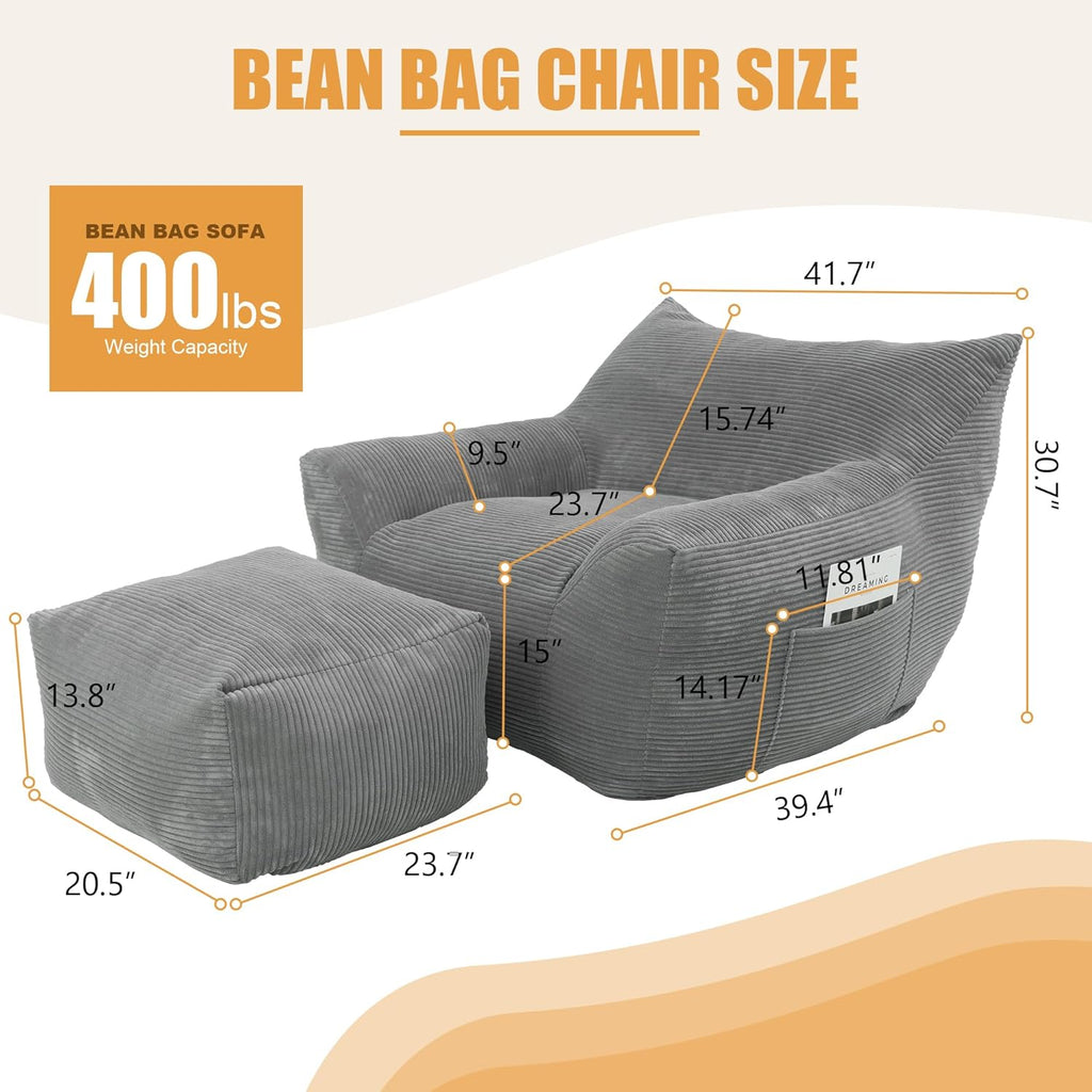 Oversized Bean Bag Chair with Ottoman, Bean Bag Couch with 2 Side Pockets, Corduroy Boneless Couch Chair in a Box, Comfy Lounge Chair for Living Room, Bedroom, Dorm, Gray