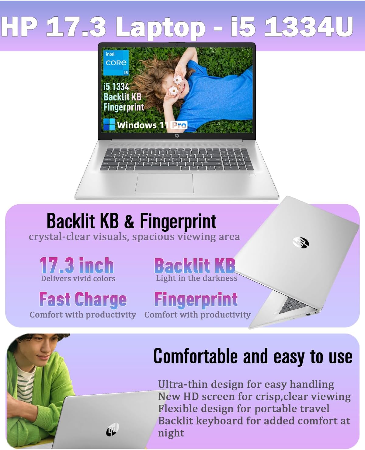 HP Flagship 17 Laptop Computer, Intel 10-Core i5-1334U, Backlit Keyboard, 20GB RAM, 512GB SSD, Windows 11Pro, Fingerprint Reader, 17.3 inch Anti-Glare Display, Fast Charge, Wi-Fi 6, w/Accessories