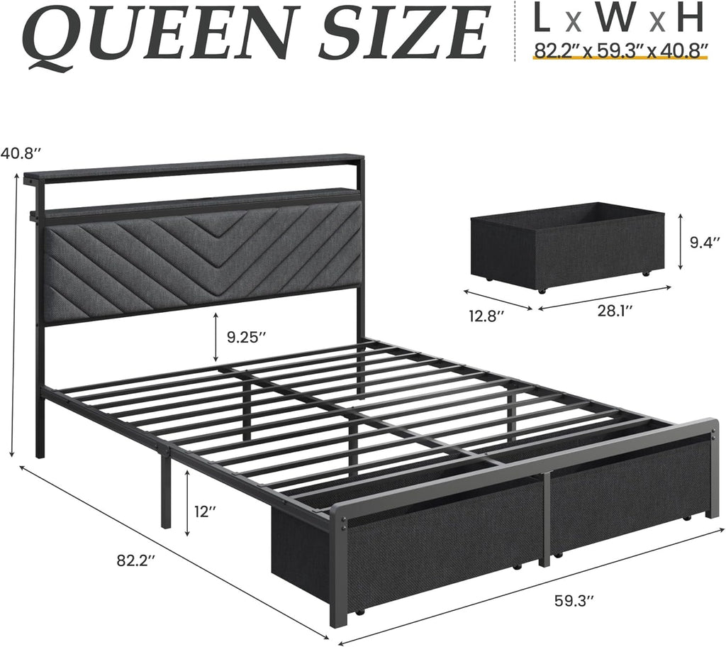 Fluest Queen Bed Frame with 2 Drawers, Upholstered Headboard with Storage and Charging Station, LED Lights, Fabric Drawers with Wheels, Under Bed Storage, No Box Spring Needed, Easy Assembly, Grey