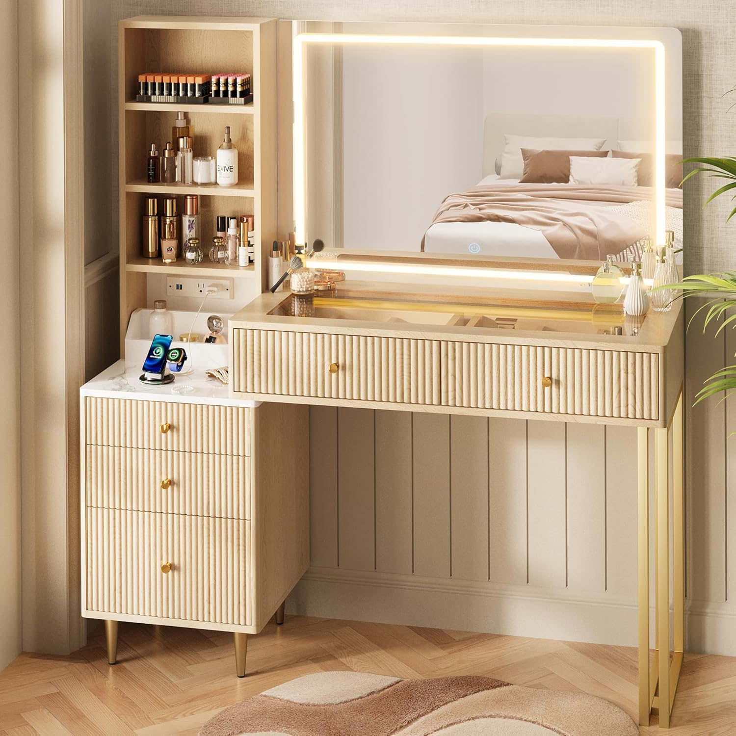 44” Fluted Vanity Desk with 32” Lighted Mirror & Power Outlet, Makeup Vanity with Glass Top, 3 Adjustable Light Colors, Curved Design, 5 Drawers, Modern Dressing Table Set for Bedroom (Oak)