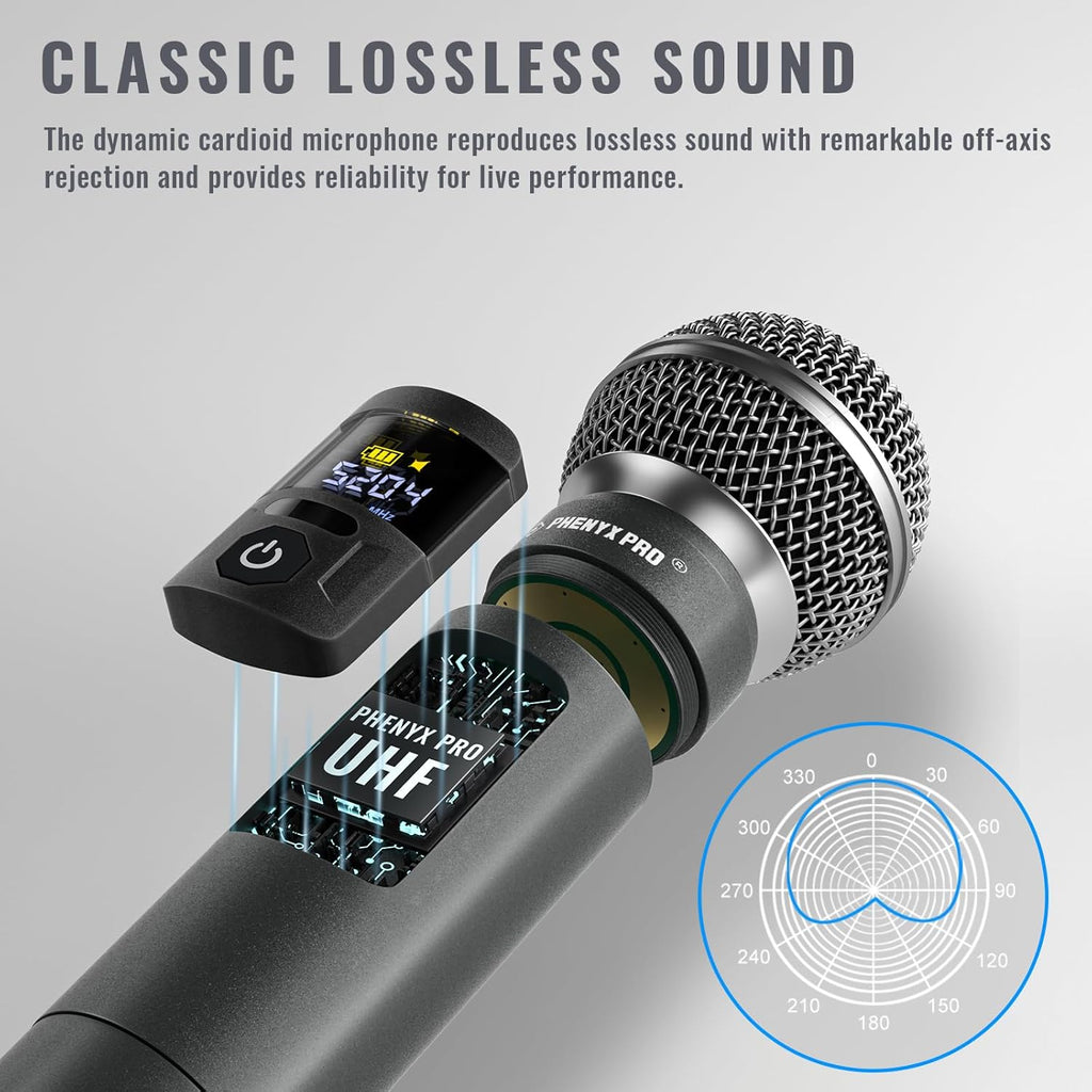 Phenyx Pro Wireless Microphone System,Metal Wireless Mic Set w/Handheld/Bodypack/Headset/Lapel Mics,2 x 30 UHF Frequencies, 200 ft Range, Cordless Mic for Singing, Karaoke, Church (PTU-52-1H1B)