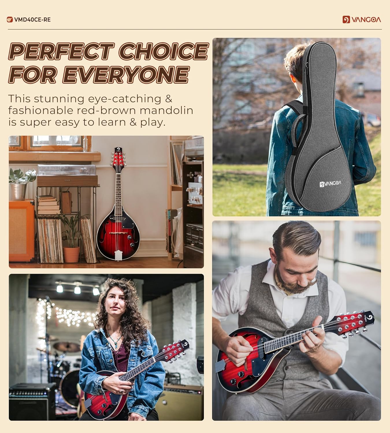 Vangoa Mandolin Musical Instrument A Style Acoustic Electric, 8 Strings Mahogany for Beginner Adults Teens, Red Burst