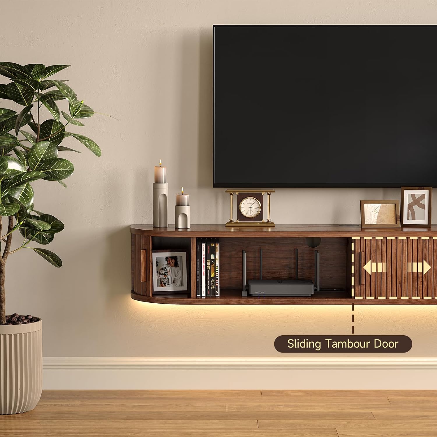 55" Floating TV Stand with Power Outlet for TVs up to 65", Fluted Entertainment Center with Remote Control for LED Lights, Mid-Century Modern TV Console w/Sliding Door for Living Room, Bedroom Walnut