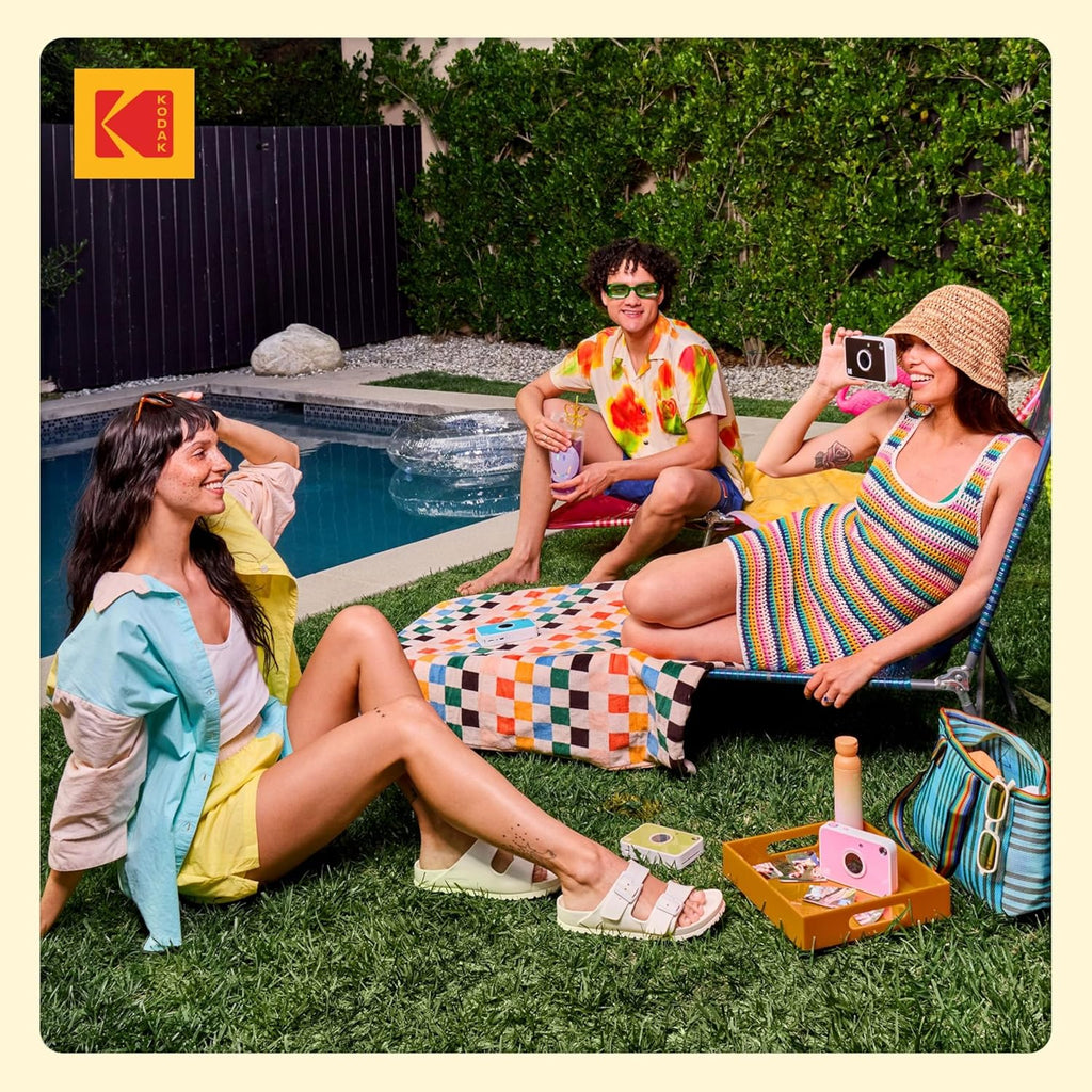 Kodak Printomatic+ Instant Print Digital Camera Starter Bundle + Carrying Case (Blue) + Zink 20pk Sticky-Back Photo Paper - 10MP, Full-Color Photos, GB LED Status Indicator - Yellow