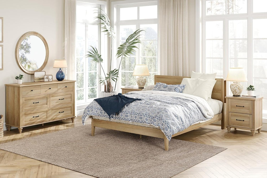 WAMPAT 3 Piece Bedroom Set - Includes 7 Drawer Dresser for Bedroom, Set of 2 Night Stands with Charging Station & Drawers, 3 Piece Dresser and Nightstand Sets, Oak