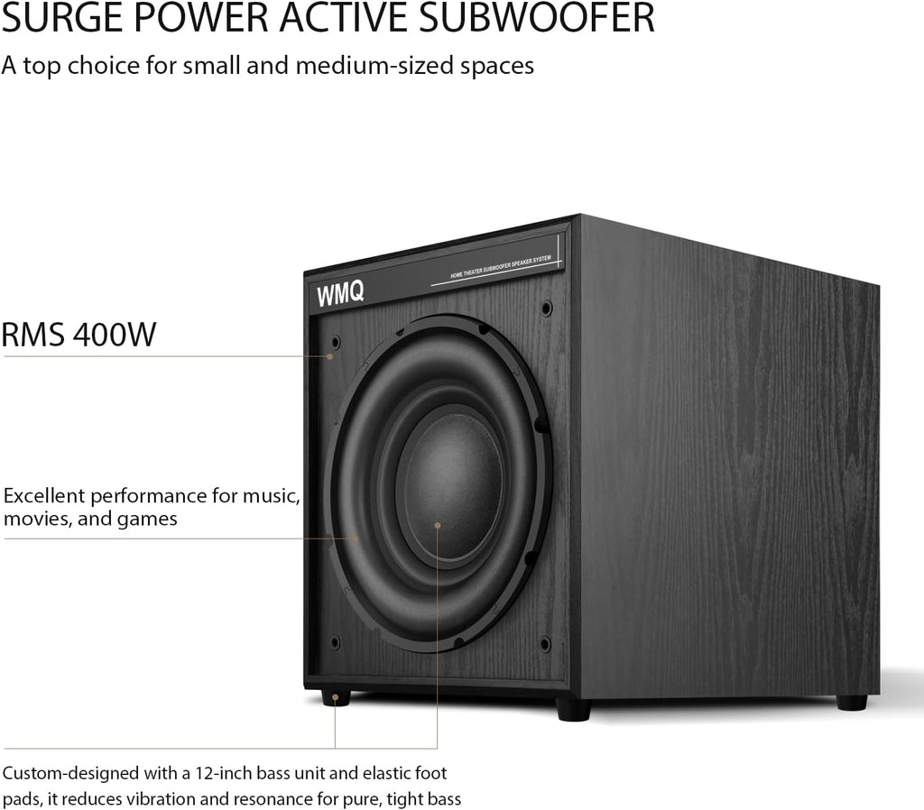 12" Active Home Theater subwoofer, Featuring RCA Input and Output interfaces, 400W RMS, Medium-Density fiberboard Cabinet with Heat Sink, Adjustable Crossover Frequency Range from 15-180 Hz.