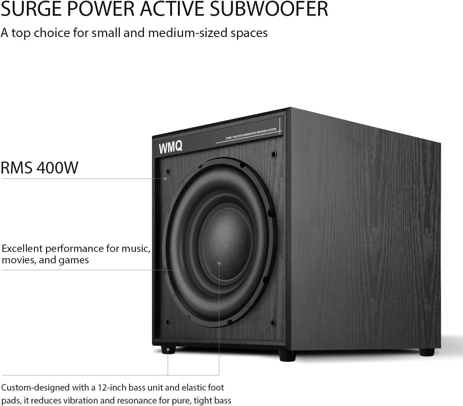 12" Active Home Theater subwoofer, Featuring RCA Input and Output interfaces, 400W RMS, Medium-Density fiberboard Cabinet with Heat Sink, Adjustable Crossover Frequency Range from 15-180 Hz.