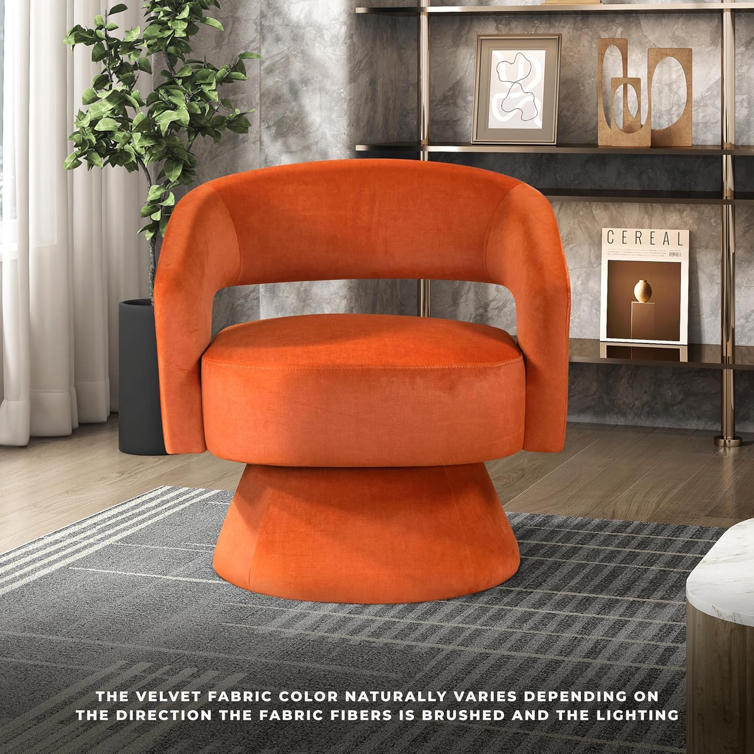 Lexicon 360 Degree Swivel Accent Chair, Modern Comfy Velvet Round Barrel Chair, Open Back, Plush Foam Cushions, Metal Swivel Base for Living Room/Bedroom/Office/Small Spaces, Orange
